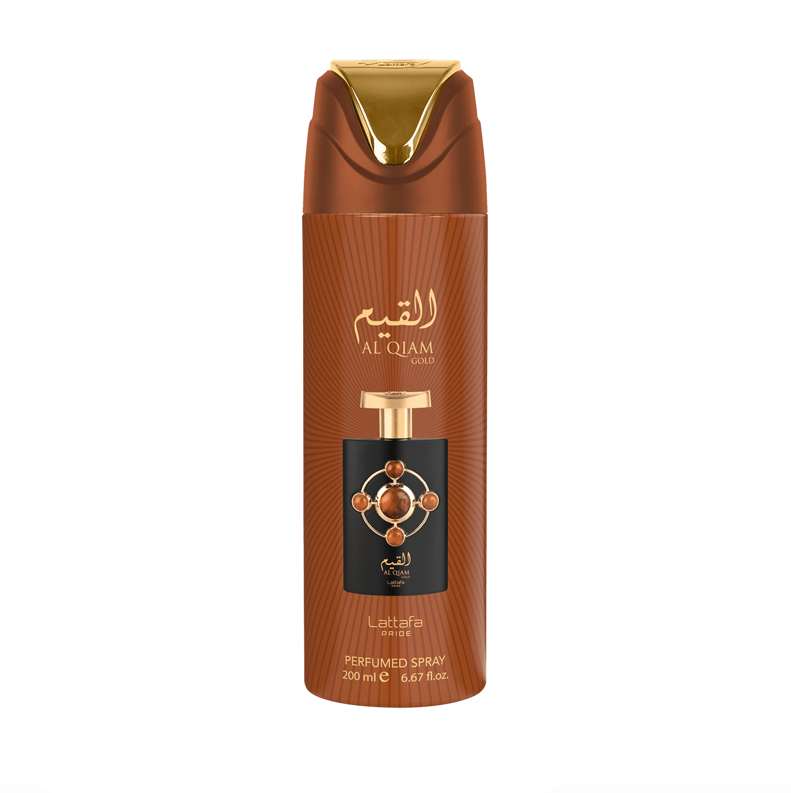 Profesionāla produkta fotogrāfija Lattafa Pride Al Qiam Gold dezodoranta pudelīte (200 ml), izceļot tās elegantu, spēcīgu dizainu un augstākās kvalitātes zīmolu. Lattafa Pride kolekcija pret tīru, modern fons.