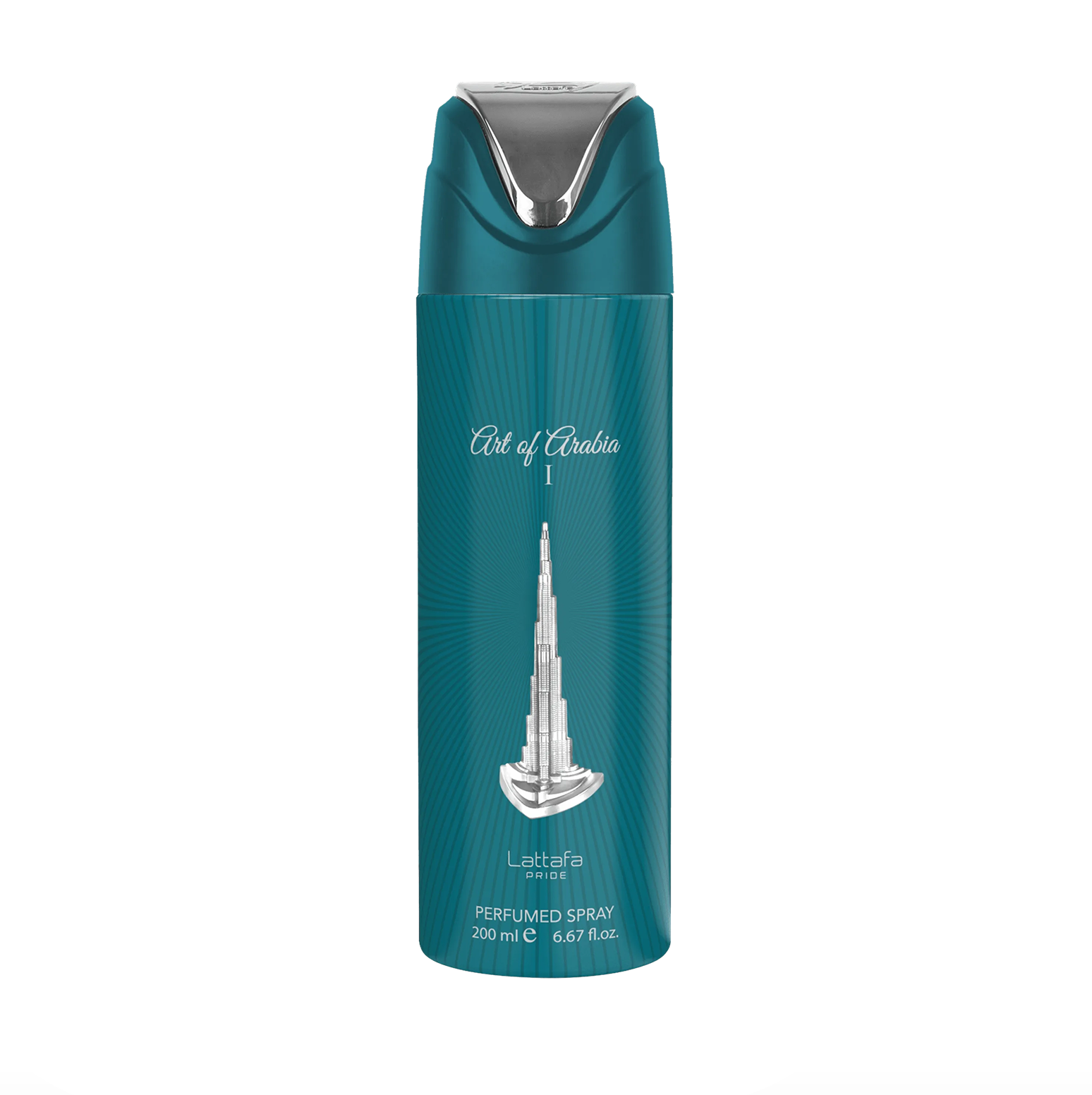 Profesionāla produkta fotogrāfija Lattafa Pride Art Of Arabia 1 dezodoranta pudelīte (200 ml), izceļot tās gludo dizainu un augstākās kvalitātes, eleganto zīmolu. Lattafa Pride kolekcija pret tīru, modern fons.