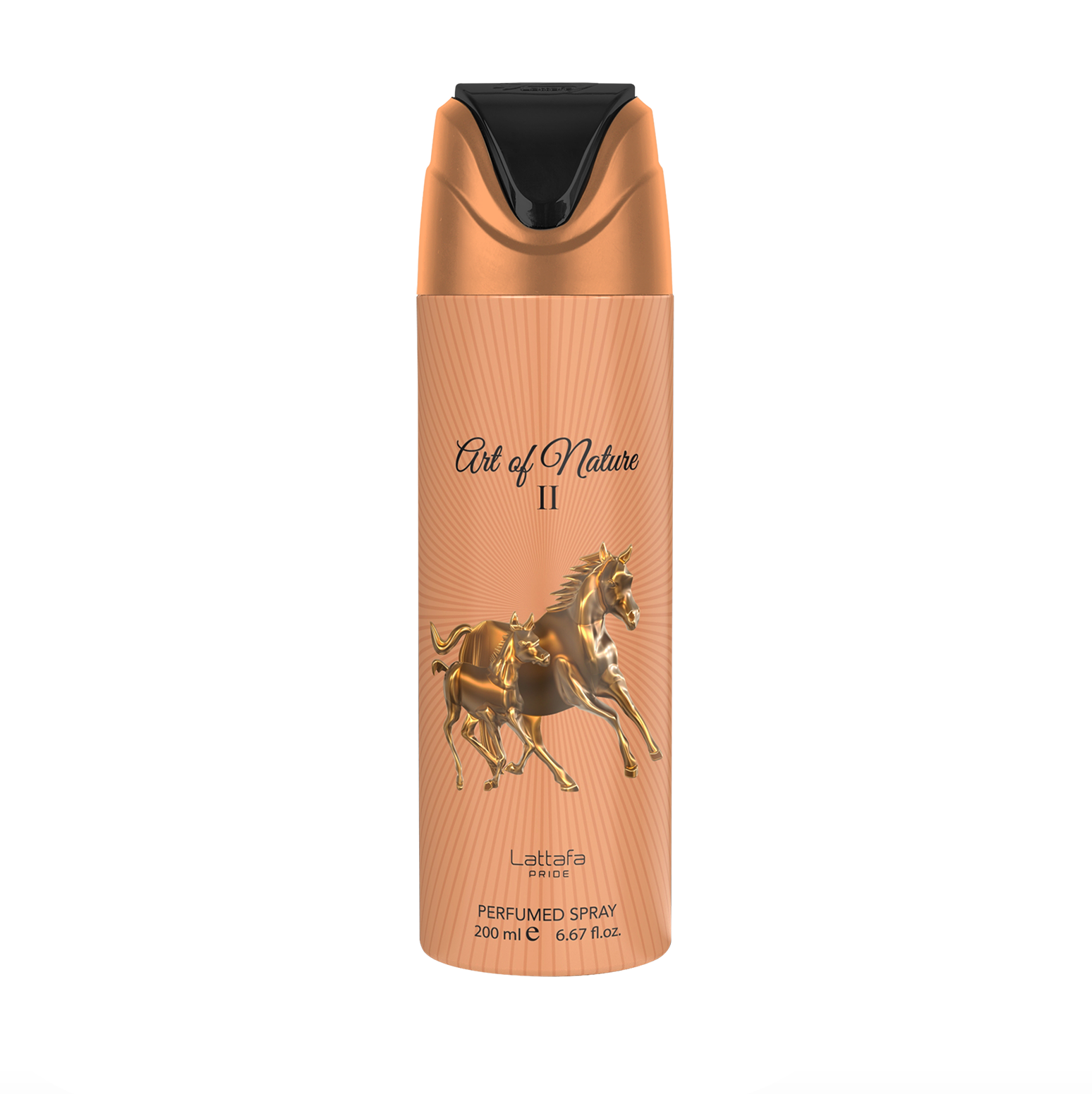 Profesionāla produkta fotogrāfija Lattafa Pride Art of Nature II dezodoranta pudelīte (200 ml), izceļot tās gludo dizainu un augstākās kvalitātes, eleganto zīmolu. Lattafa Pride kolekcija pret tīru, modern fons.