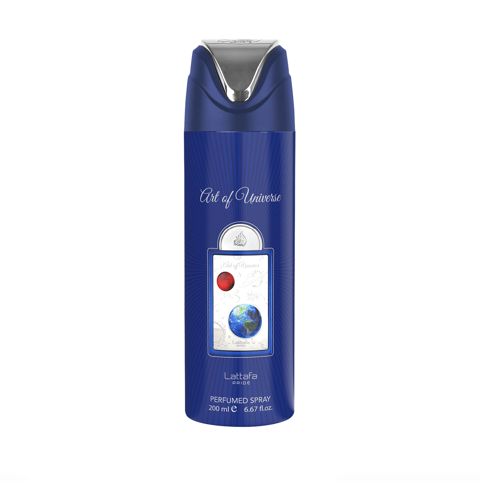 Produkta fotoattēls Lattafa Pride Art of Universe dezodoranta zilā pudelīte (200 ml), izceļot tās gludo dizainu un augstākās kvalitātes, eleganto zīmolu. Lattafa Pride kolekcija uz tīra, balta fona.