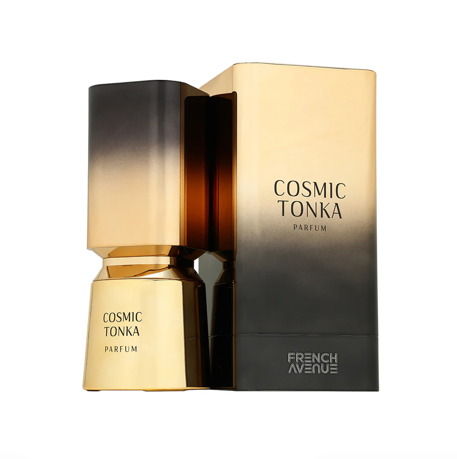 This image showcases the Cosmic Tonka bottle paired with its elegant gold and black gradient presentation box.