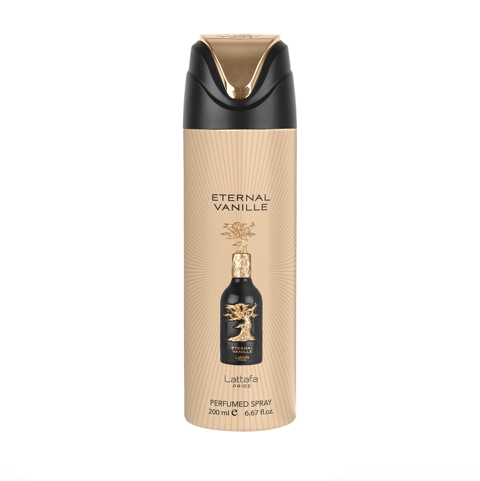 Profesionāla produkta fotogrāfija Lattafa Pride Eternal Vanille dezodoranta pudelīte (200 ml), izceļot tās gludo dizainu un augstākās kvalitātes, eleganto zīmolu. Lattafa Pride kolekcija pret tīru, modern fons.