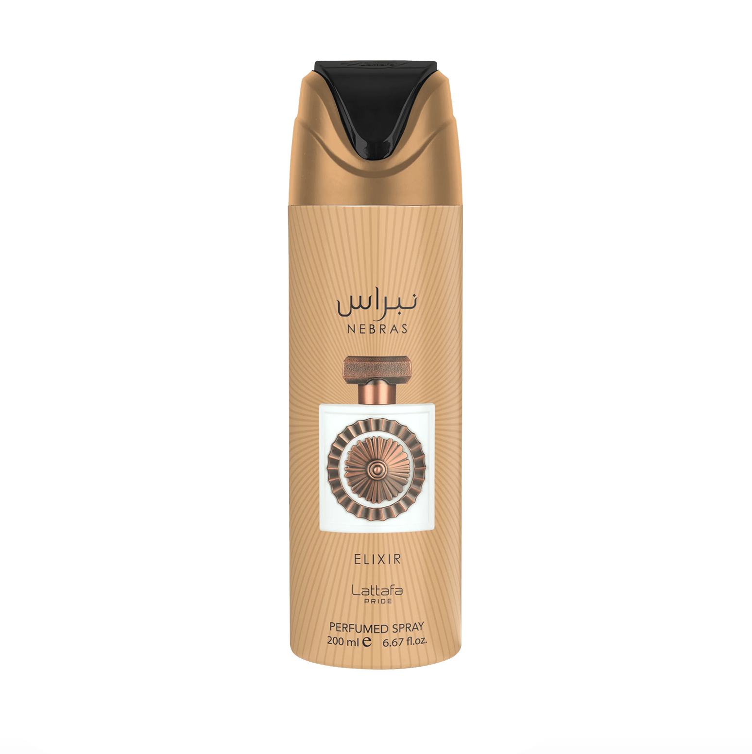 Profesionāla produkta fotogrāfija Lattafa Pride Nebras Elixir dezodoranta pudelīte (200 ml), izceļot tās gludo dizainu un augstākās kvalitātes, eleganto zīmolu. Lattafa Pride kolekcija pret tīru, modern fons.