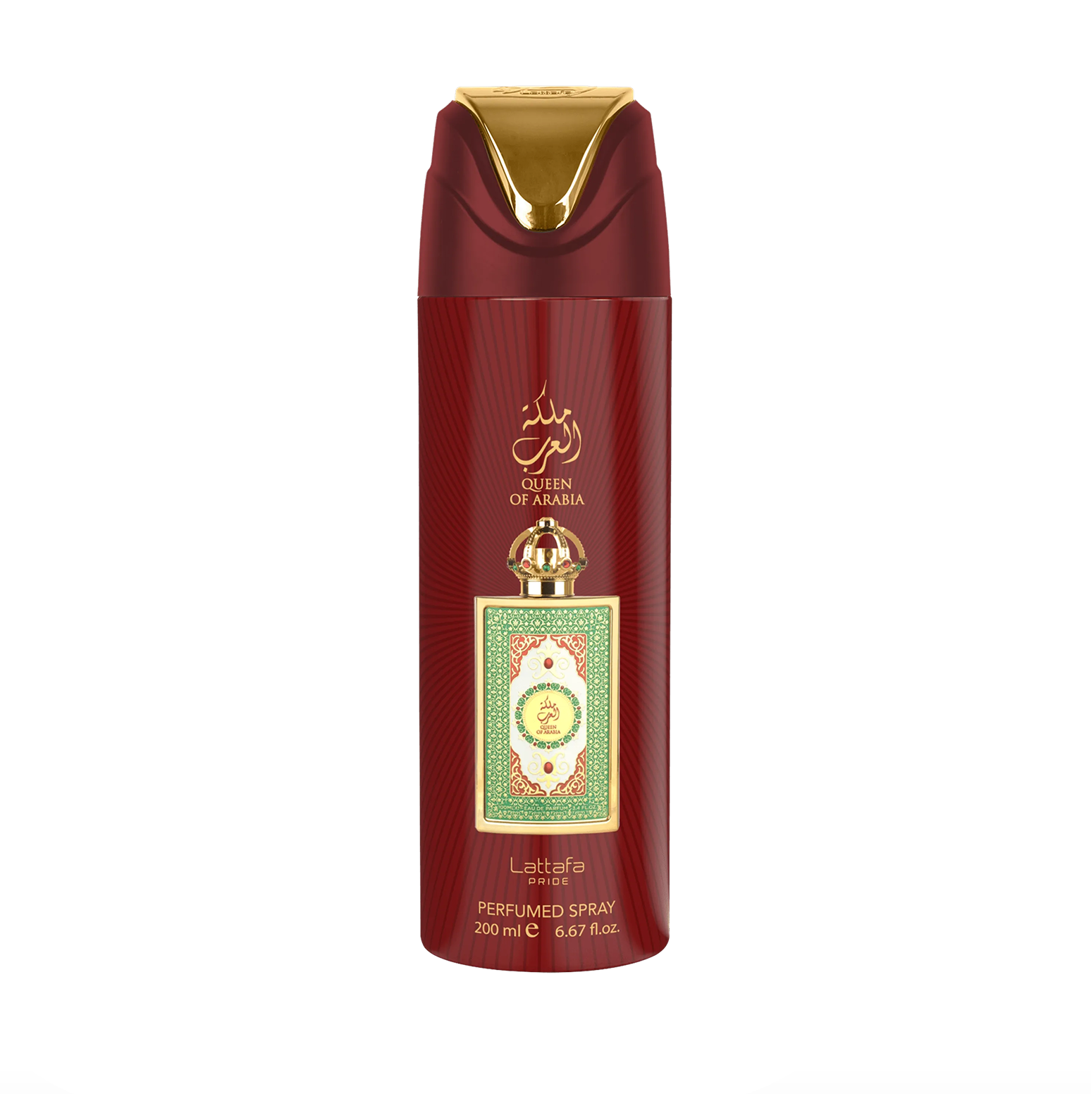 Profesionāla produkta fotogrāfija Lattafa Pride Queen of Arabia dezodoranta pudelīte (200 ml), izceļot tās gludo dizainu un augstākās kvalitātes, eleganto zīmolu. Lattafa Pride kolekcija pret tīru, modern fons.